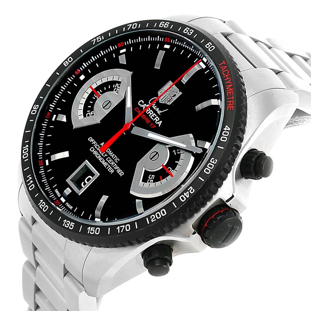 The image shows a Tag Heuer Carrera CAV511C Men's Titanium Black Dial CAV511C Men's Titanium Black Dial watch from an angled top view, highlighting its dial, tachymeter bezel, and metal bracelet.
