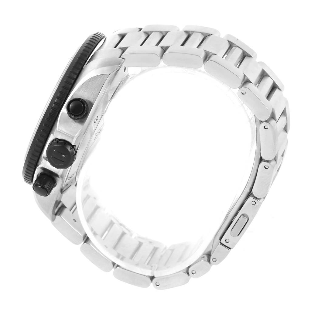 The image shows the side view of the Tag Heuer Carrera CAV511C Men's Titanium Black Dial CAV511C Men's Titanium Black Dial watch, highlighting its bezel, crown, pushers, and stainless steel bracelet.