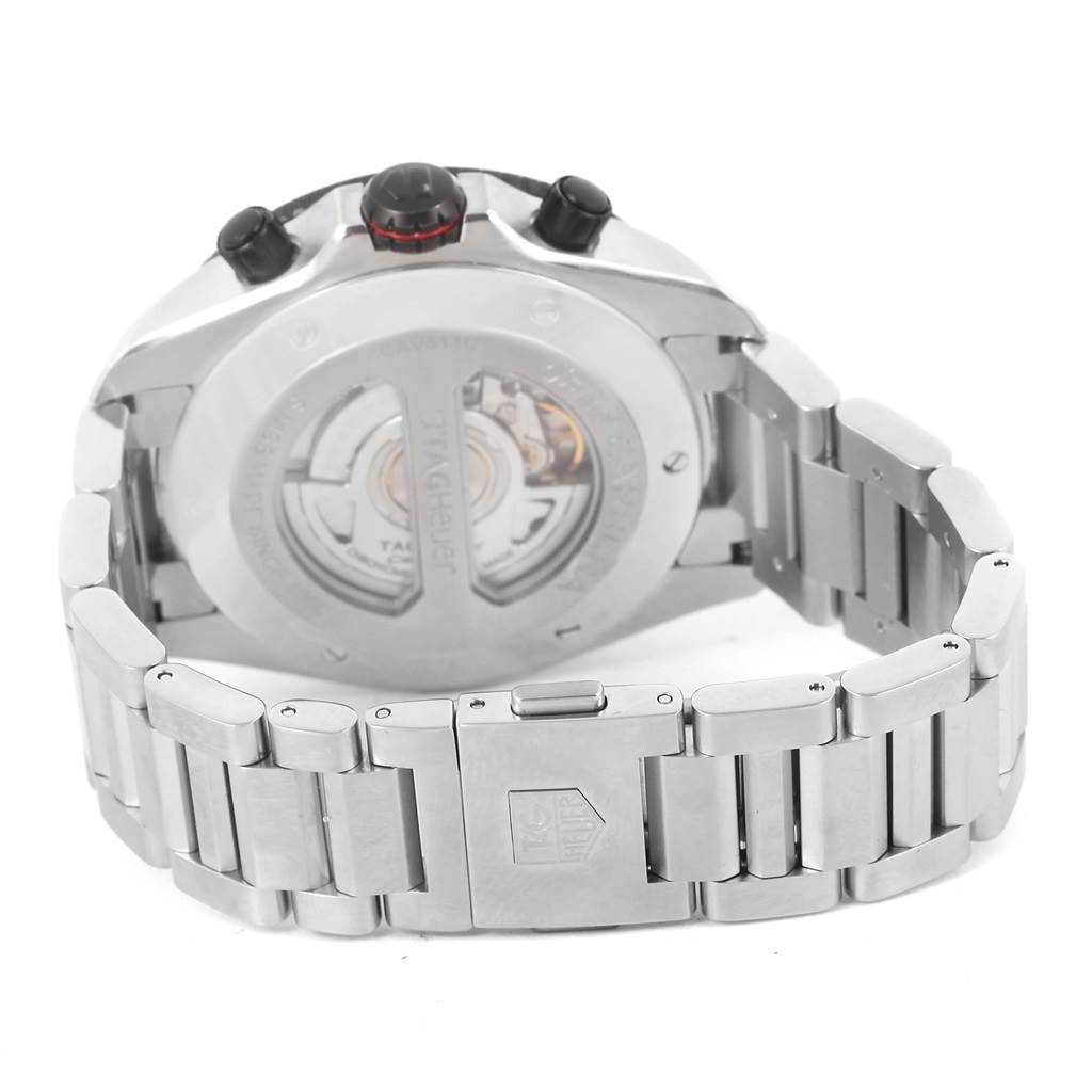 The image shows the back and bracelet of a Tag Heuer Carrera CAV511C Men's Titanium Black Dial CAV511C Men's Titanium Black Dial watch, highlighting the automatic movement through the transparent case back.