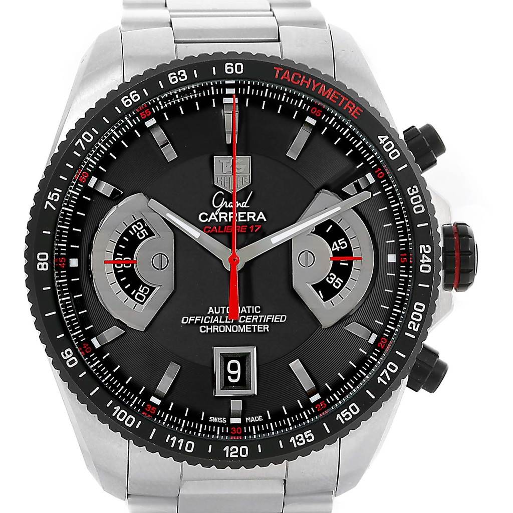 The image shows a Tag Heuer Carrera CAV511C Men's Titanium Black Dial CAV511C Men's Titanium Black Dial watch model from a front view, highlighting its black dial, chronograph features, and date window.