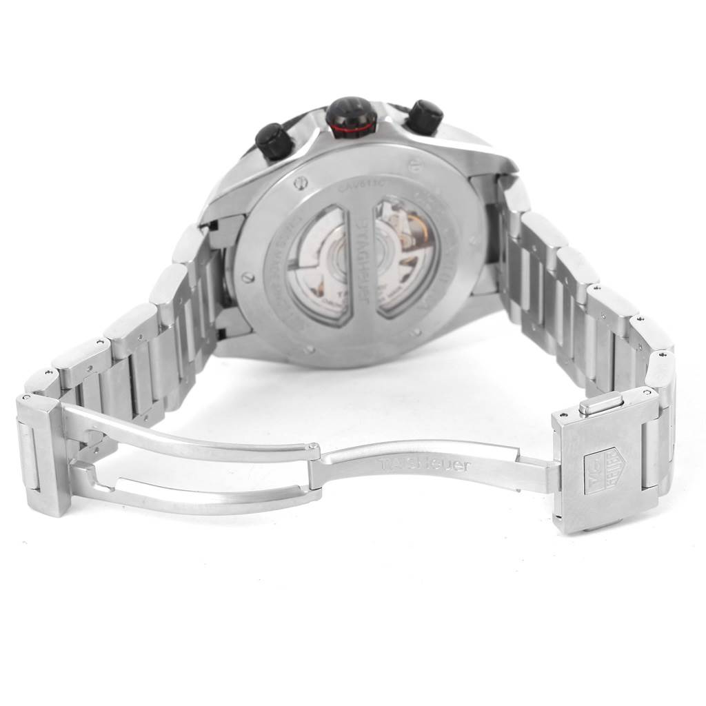 This image shows the back and open clasp of a Tag Heuer Carrera CAV511C Men's Titanium Black Dial CAV511C Men's Titanium Black Dial watch, highlighting its stainless steel bracelet and transparent case back.