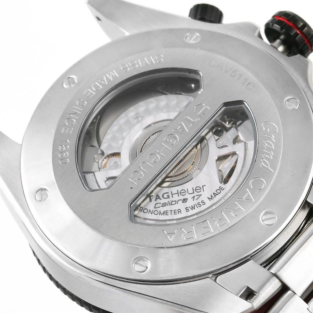 The image shows the back view of the Tag Heuer Carrera CAV511C Men's Titanium Black Dial CAV511C Men's Titanium Black Dial watch, highlighting its Calibre 17 movement and engraving.