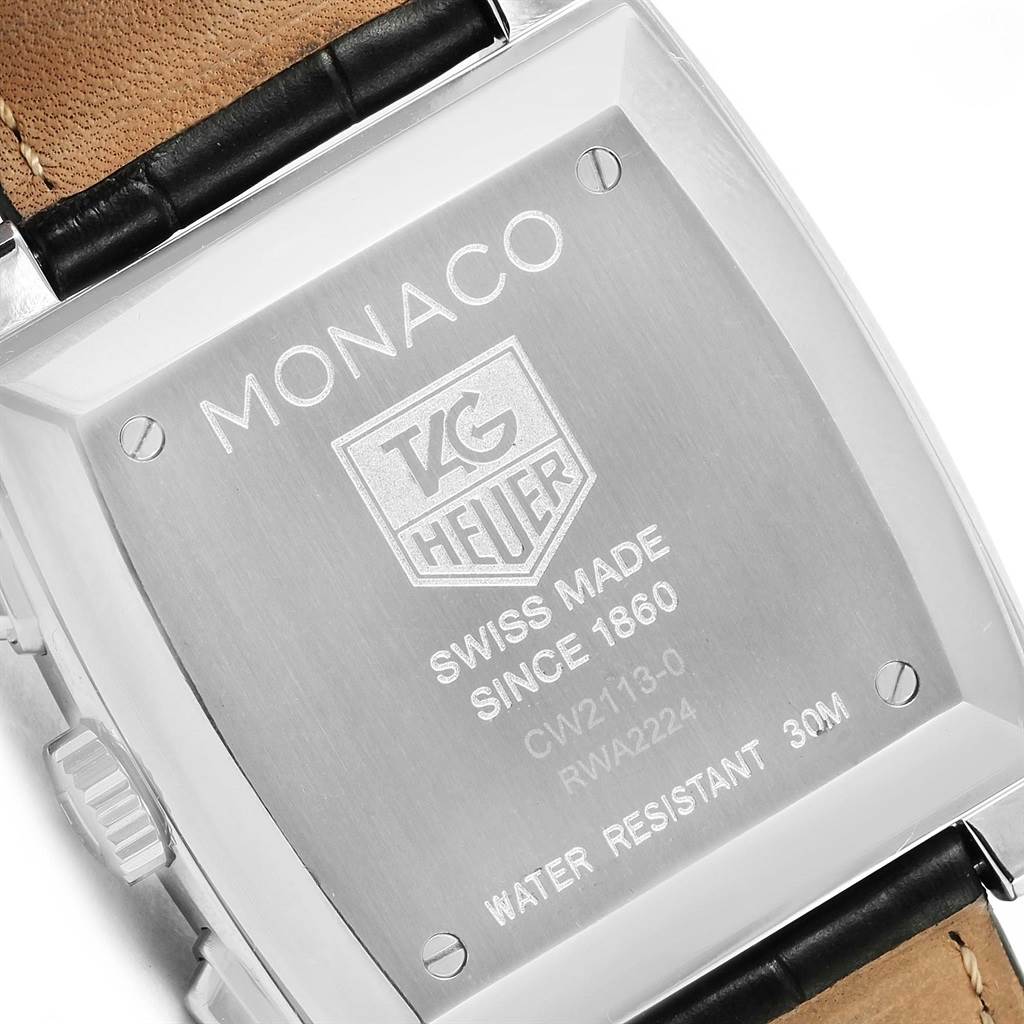 This image shows the back case of a Tag Heuer Monaco CW2113 Men's Stainless Steel Blue Dial CW2113 Men's Stainless Steel Blue Dial watch, including the strap and engraved details.