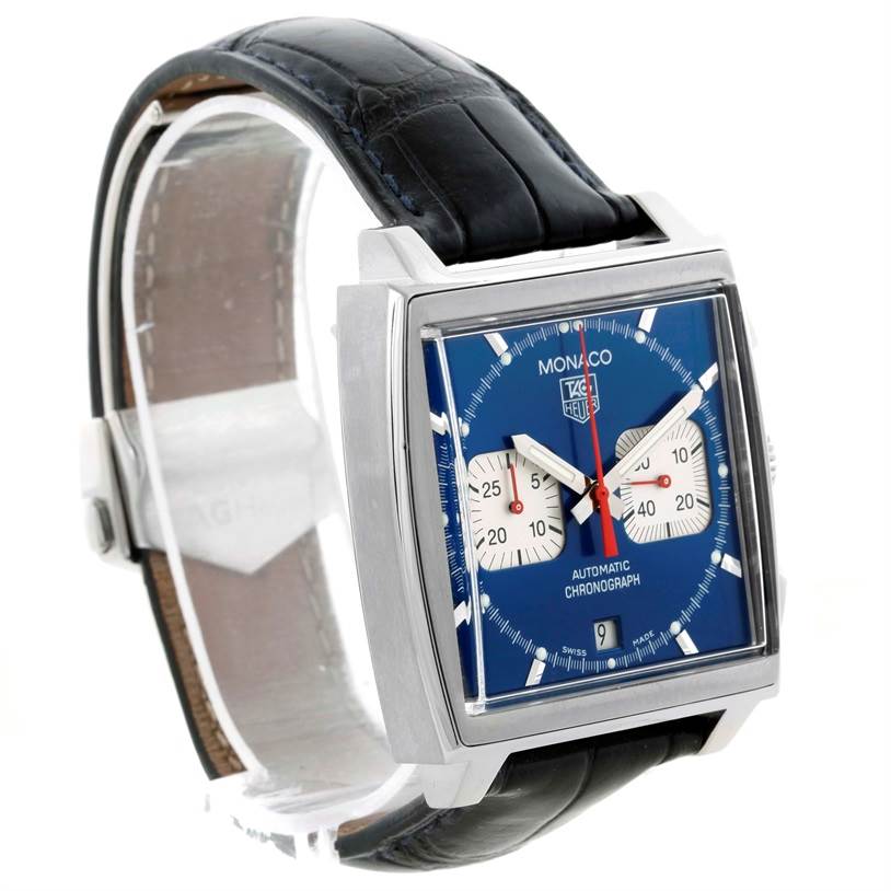 The image shows a front angled view of the Tag Heuer Monaco CW2113 Men
s Stainless Steel Blue Dial CW2113 Men
s Stainless Steel Blue Dial watch, highlighting its square case, blue dial, and leather strap.