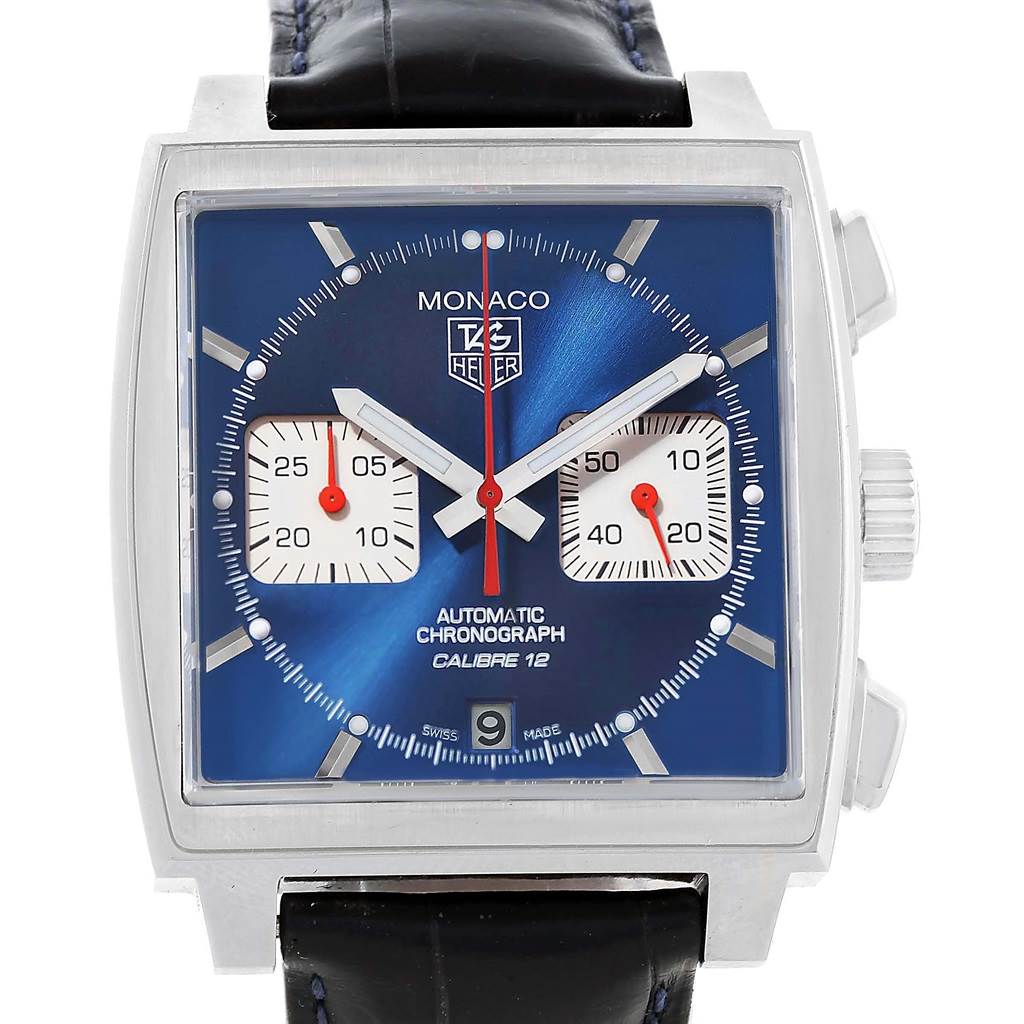 The image shows a front view of the Tag Heuer Monaco CAW2111 Men's Stainless Steel Blue Dial CAW2111 Men's Stainless Steel Blue Dial watch, highlighting its blue square dial and chronograph features.