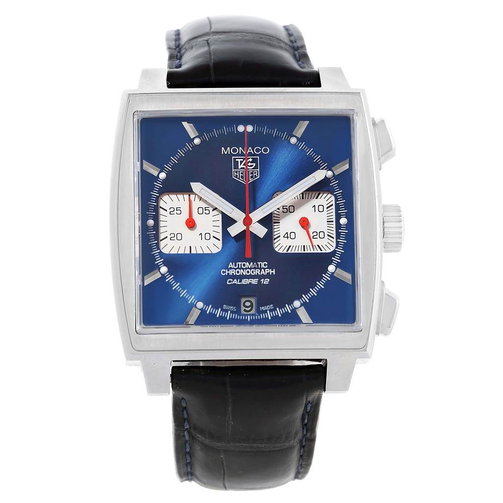 The image shows a front view of the Tag Heuer Monaco CAW2111 Men's Stainless Steel Blue Dial CAW2111 Men's Stainless Steel Blue Dial watch, featuring a blue dial, chronograph subdials, and a black leather strap.