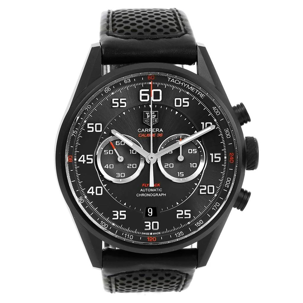 The Tag Heuer Carrera CAR2B80.FC6325 Men's Titanium Black Dial CAR2B80.FC6325 Men's Titanium Black Dial model watch is shown from a front angle with a black dial, three subdials, and a black leather strap.