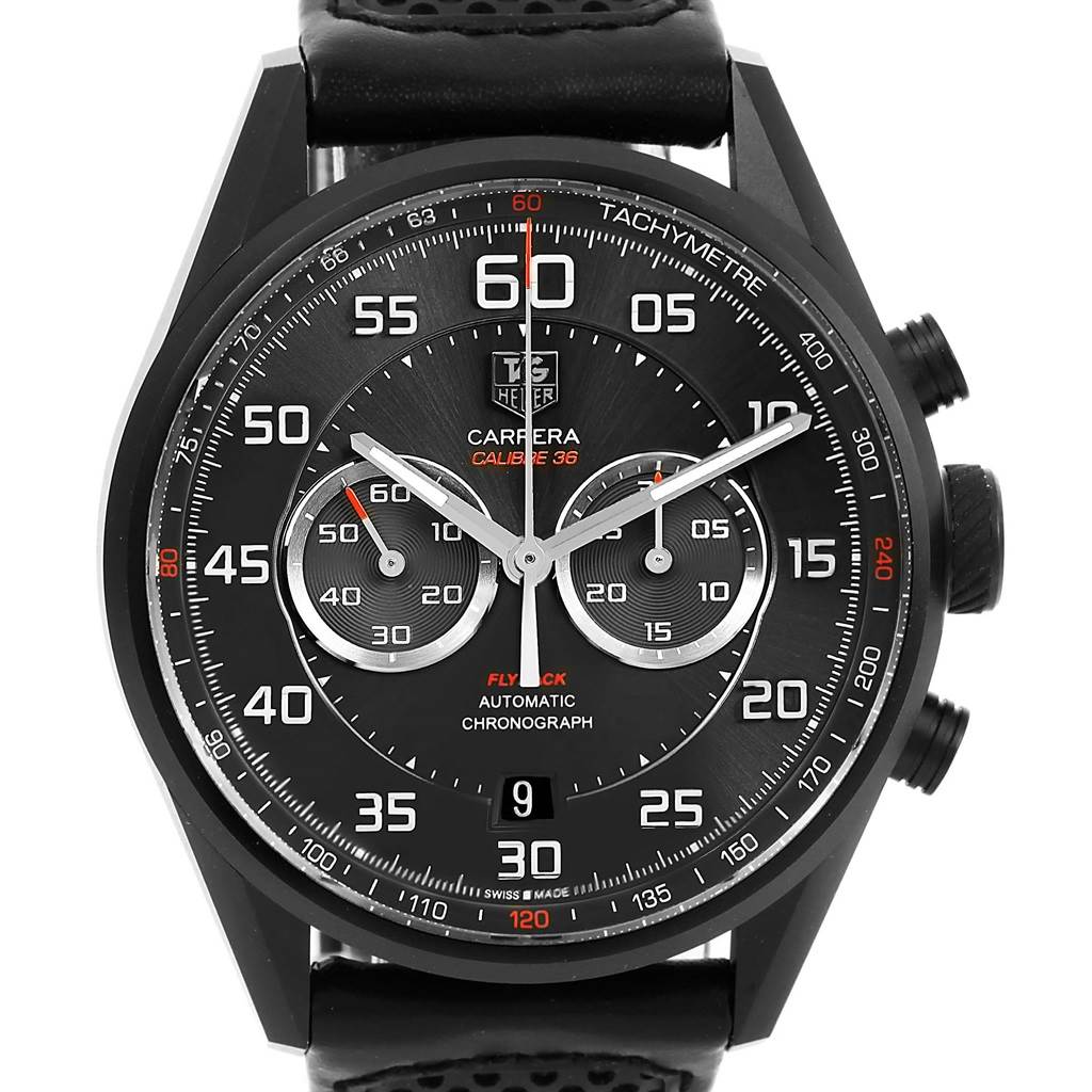 The image shows a front view of the Tag Heuer Carrera CAR2B80.FC6325 Men's Titanium Black Dial CAR2B80.FC6325 Men's Titanium Black Dial watch, highlighting the dial, chronograph features, and tachymeter scale.