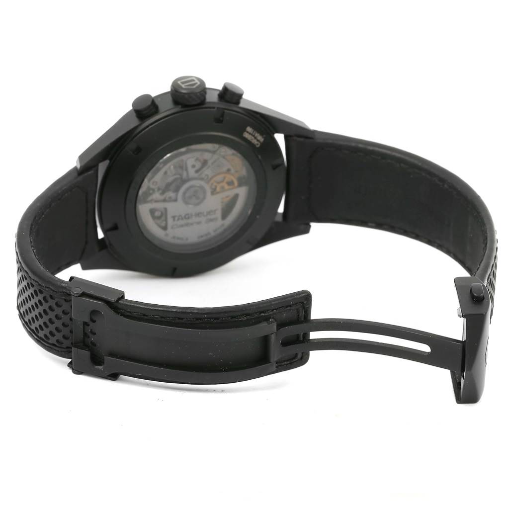 The image shows the back case, movement, and clasp of a Tag Heuer Carrera CAR2B80.FC6325 Men's Titanium Black Dial CAR2B80.FC6325 Men's Titanium Black Dial watch.