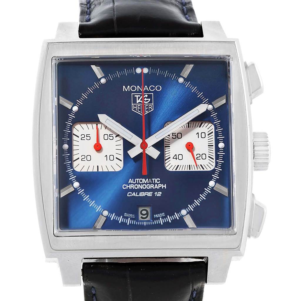 The image shows a front view of the Tag Heuer Monaco CAW2111 Men
s Stainless Steel Blue Dial CAW2111 Men
s Stainless Steel Blue Dial watch, highlighting its blue dial, square case, chronograph subdials, and crown.
