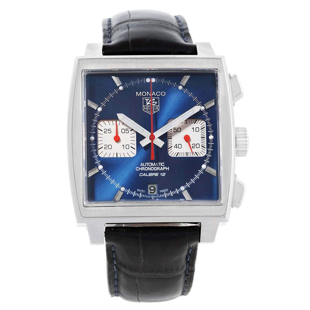 This image shows a front angle of the Tag Heuer Monaco CAW2111 Men
s Stainless Steel Blue Dial CAW2111 Men
s Stainless Steel Blue Dial watch, highlighting its blue dial, square case, and leather strap.