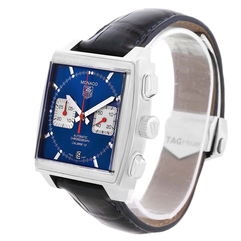 This image shows a Tag Heuer Monaco CAW2111 Men
s Stainless Steel Blue Dial CAW2111 Men
s Stainless Steel Blue Dial watch at a three-quarter angle displaying the face, side buttons, and leather strap.