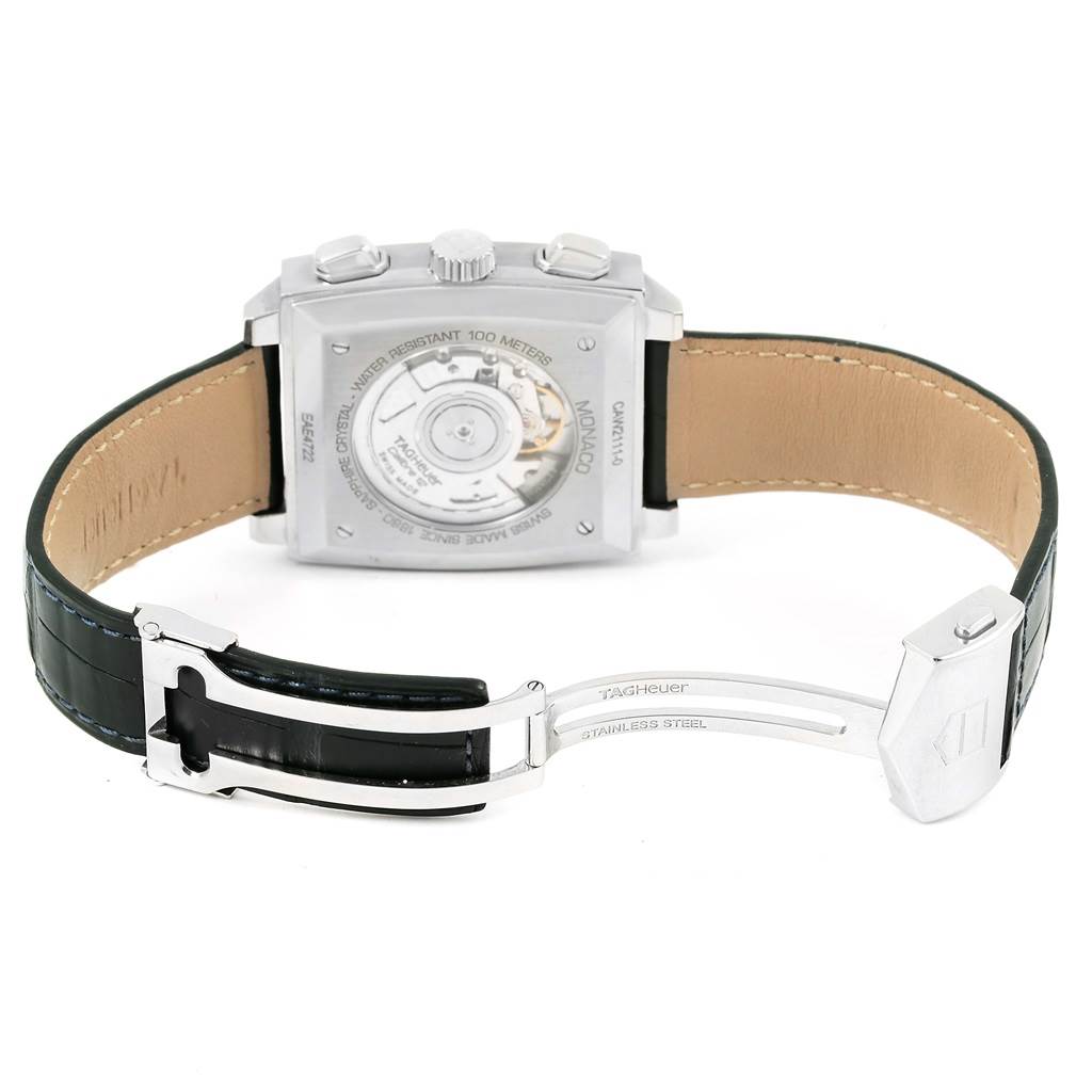 The image shows the back and clasp of the Tag Heuer Monaco CAW2111 Men
s Stainless Steel Blue Dial CAW2111 Men
s Stainless Steel Blue Dial watch, displaying its mechanism and branding.