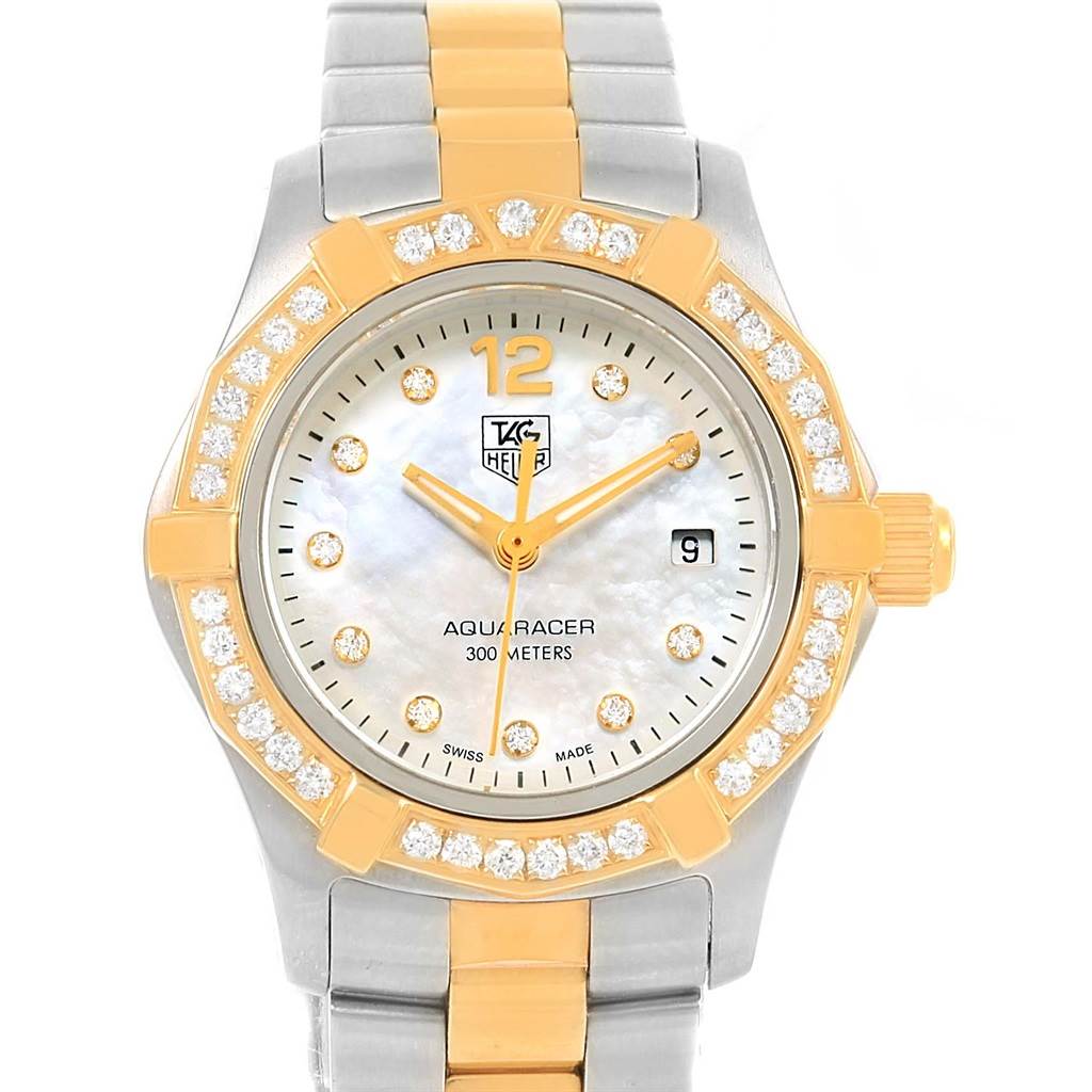 This image shows a front view of the Tag Heuer Aquaracer WAF1450.BA0825 Women
s Steel and Gold (two tone) Mother of Pearl Dial WAF1450.BA0825 Women
s Steel and Gold (two tone) Mother of Pearl Dial watch, highlighting its gold and diamond-studded bezel and dial.