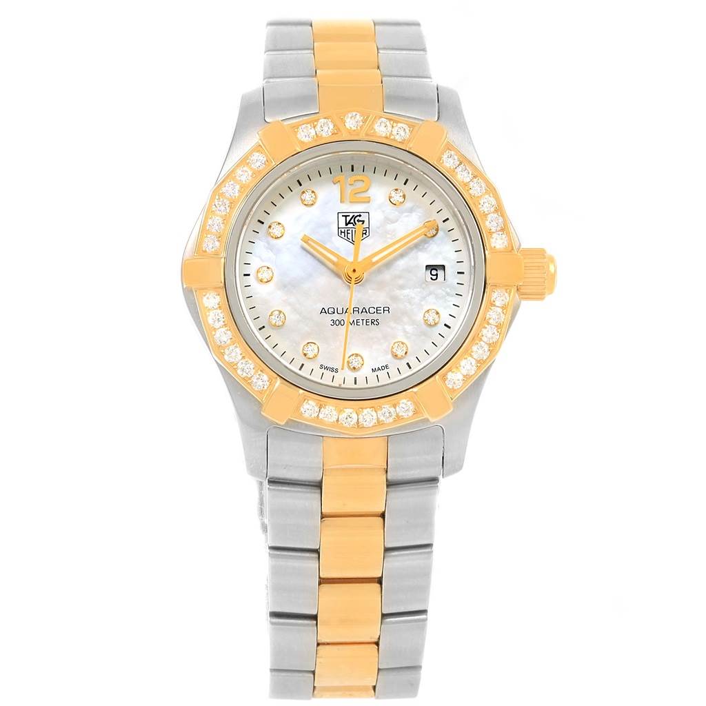 The image displays a front view of the Tag Heuer Aquaracer WAF1450.BA0825 Women
s Steel and Gold (two tone) Mother of Pearl Dial WAF1450.BA0825 Women
s Steel and Gold (two tone) Mother of Pearl Dial watch, showing its face, bezel, and bracelet.