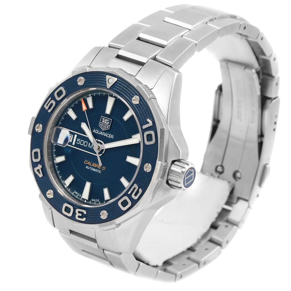 The image shows a Tag Heuer Aquaracer RWC2411 Men's Stainless Steel Blue Dial RWC2411 Men's Stainless Steel Blue Dial watch at a slight angle, highlighting the face, bezel, and part of the bracelet.
