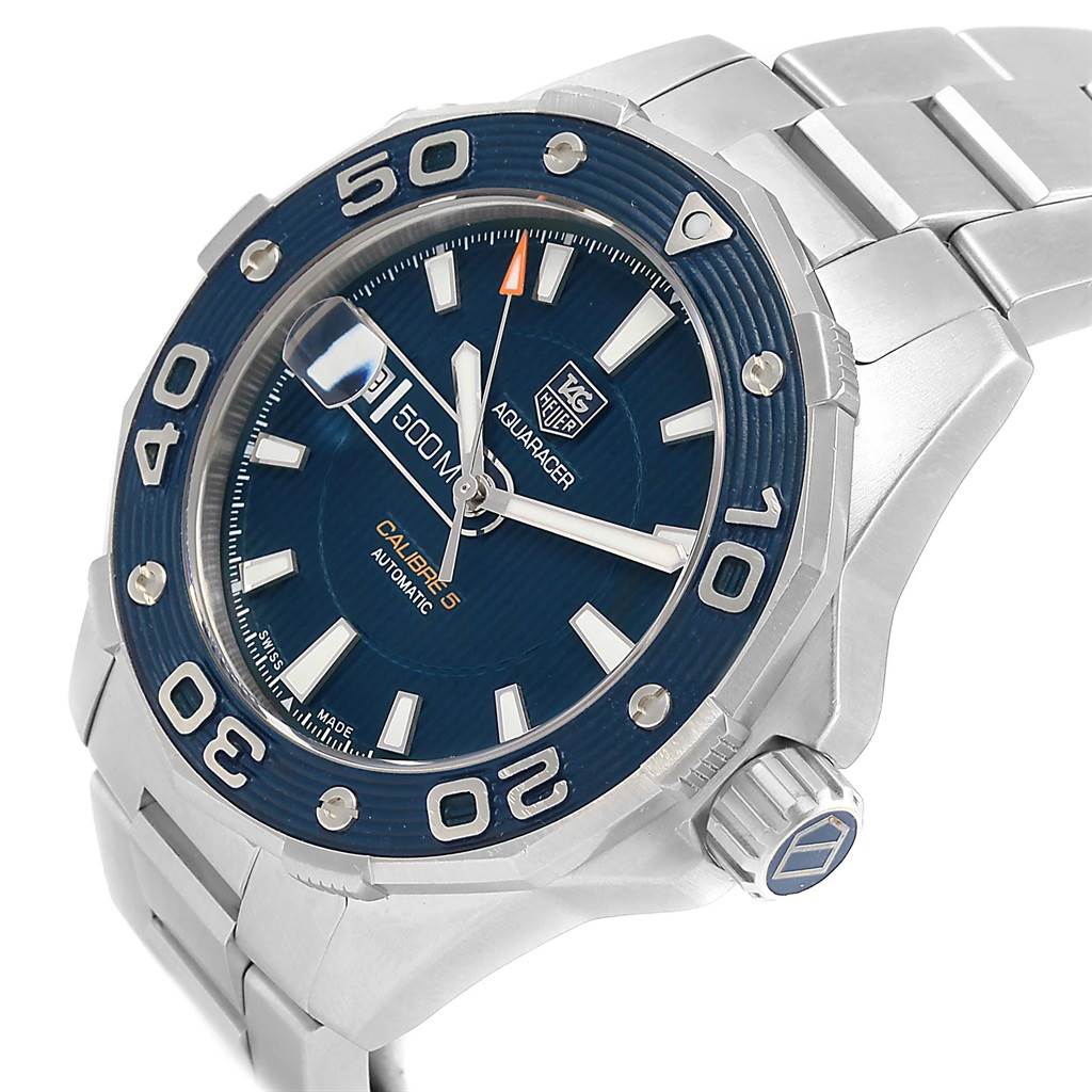 The image shows a close-up, angled view of the watch face, bezel, crown, and part of the bracelet of the Tag Heuer Aquaracer RWC2411 Men's Stainless Steel Blue Dial RWC2411 Men's Stainless Steel Blue Dial model.