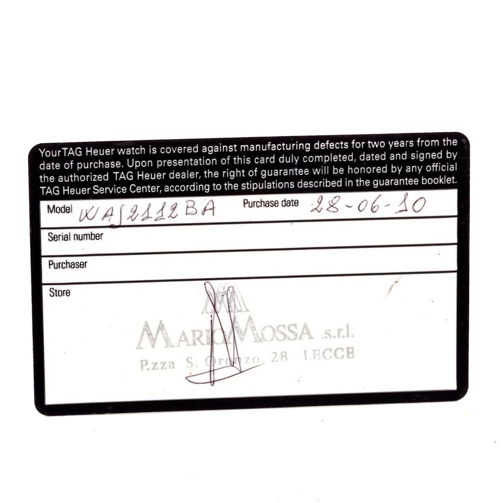 This image shows the guarantee card for a Tag Heuer Aquaracer RWC2411 Men's Stainless Steel Blue Dial RWC2411 Men's Stainless Steel Blue Dial model watch.