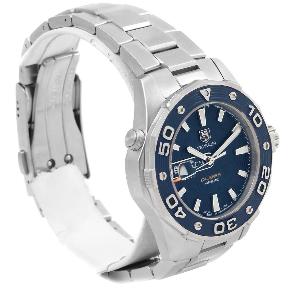 The image shows a side angle of the Tag Heuer Aquaracer RWC2411 Men's Stainless Steel Blue Dial RWC2411 Men's Stainless Steel Blue Dial watch, highlighting its stainless steel band and blue dial.