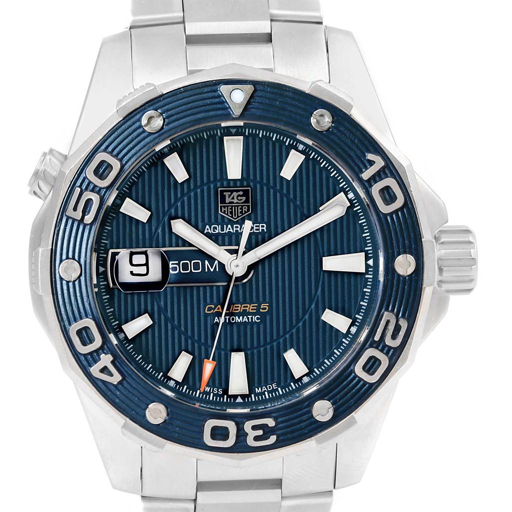 The image shows a front view of the Tag Heuer Aquaracer RWC2411 Men's Stainless Steel Blue Dial RWC2411 Men's Stainless Steel Blue Dial watch, displaying its dial, bezel, and bracelet.