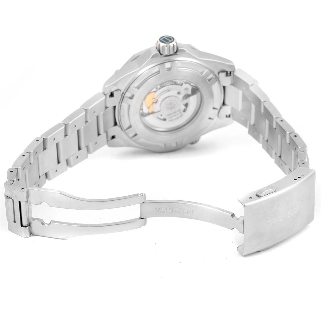The image shows the back and clasp of a Tag Heuer Aquaracer RWC2411 Men's Stainless Steel Blue Dial RWC2411 Men's Stainless Steel Blue Dial watch, highlighting the bracelet and deployment clasp.