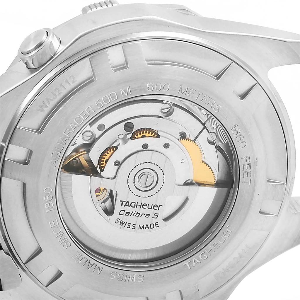 This image shows the back view of a Tag Heuer Aquaracer RWC2411 Men's Stainless Steel Blue Dial RWC2411 Men's Stainless Steel Blue Dial watch, highlighting the movement and internal mechanics.