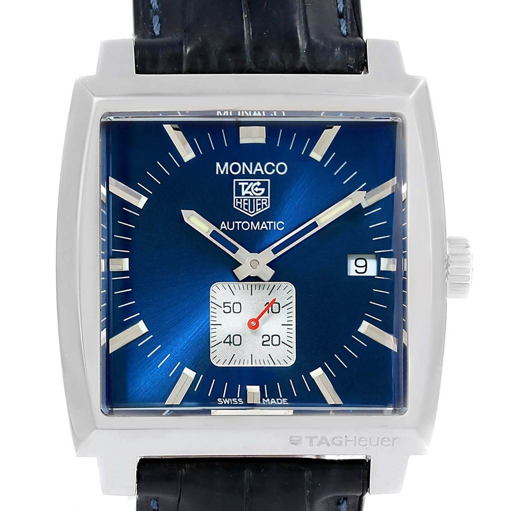 The image shows a front view of the Tag Heuer Monaco WW2111 Men's Stainless Steel Blue Dial WW2111 Men's Stainless Steel Blue Dial watch, highlighting its blue dial, date window, and sub-dial.