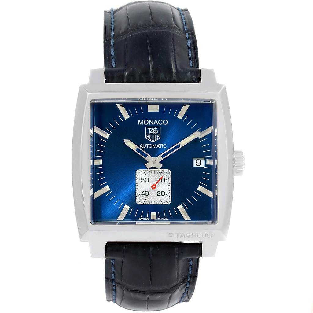 The image shows a front view of the Tag Heuer Monaco WW2111 Men's Stainless Steel Blue Dial WW2111 Men's Stainless Steel Blue Dial watch, highlighting its square blue dial, steel case, and black leather strap.