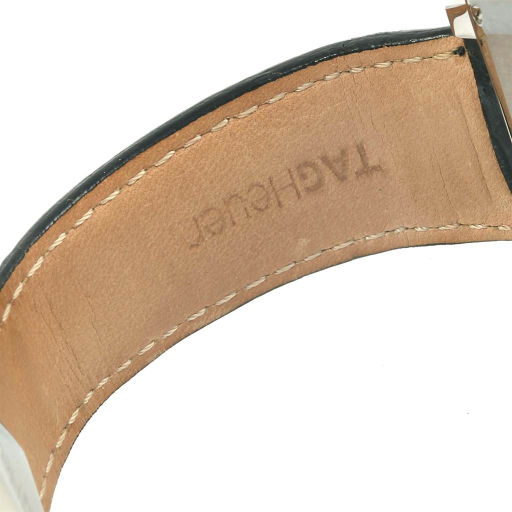 The image shows the inner side of a leather strap with "Tag Heuer" branding for the Monaco model watch.