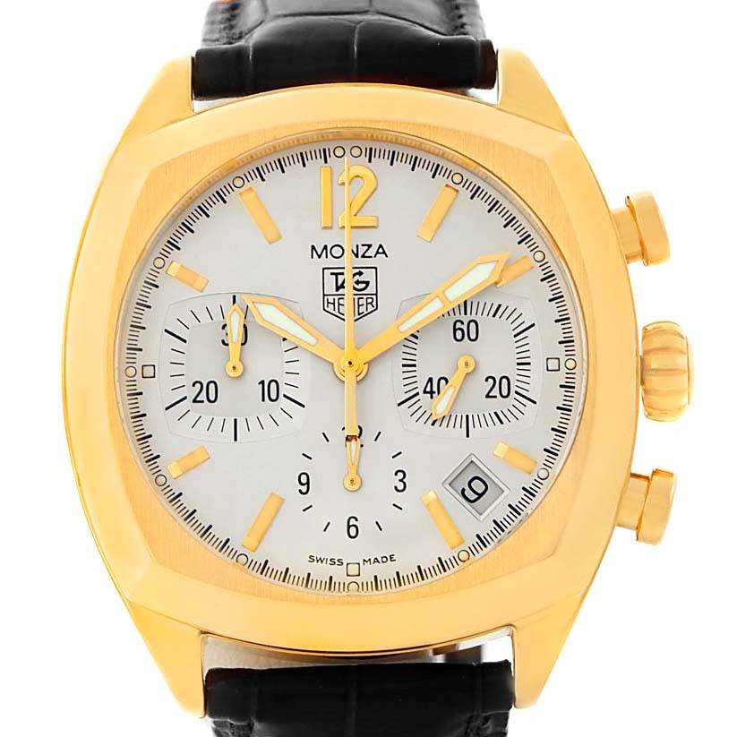 The Tag Heuer Monza CR514A Men's Yellow Gold Silver Dial CR514A Men's Yellow Gold Silver Dial watch is shown from the front, displaying the face, bezel, and strap attachment.