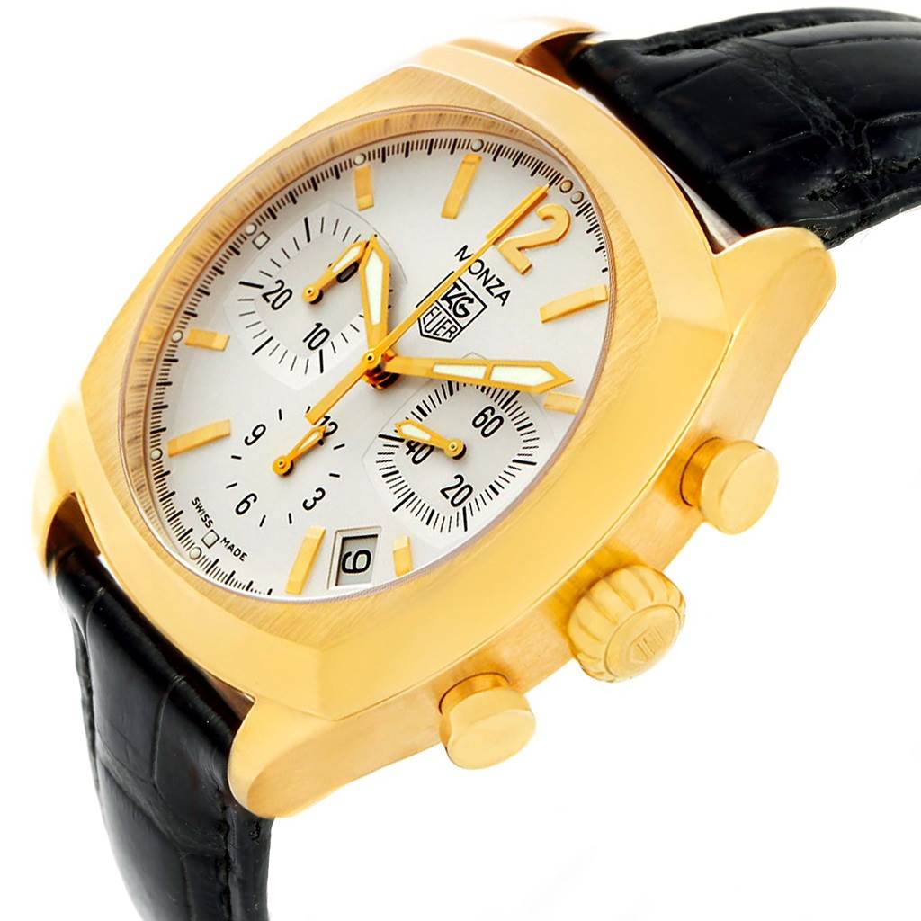 This image shows a Tag Heuer Monza CR514A Men's Yellow Gold Silver Dial CR514A Men's Yellow Gold Silver Dial model watch angled from the front-right, highlighting the dial, case, and leather strap.