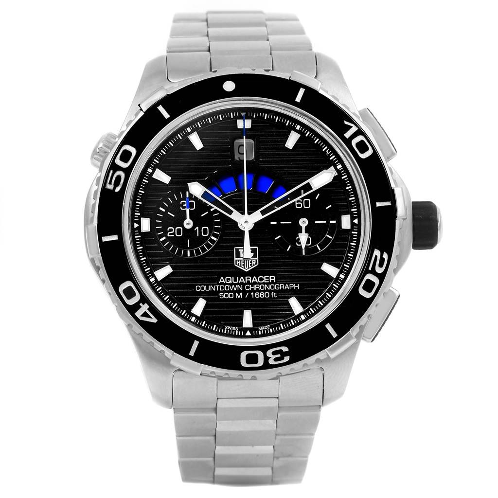 The image shows a frontal view of a Tag Heuer Aquaracer CAK211A Men's Stainless Steel Black Dial CAK211A Men's Stainless Steel Black Dial watch, highlighting the dial, bezel, and metal bracelet.