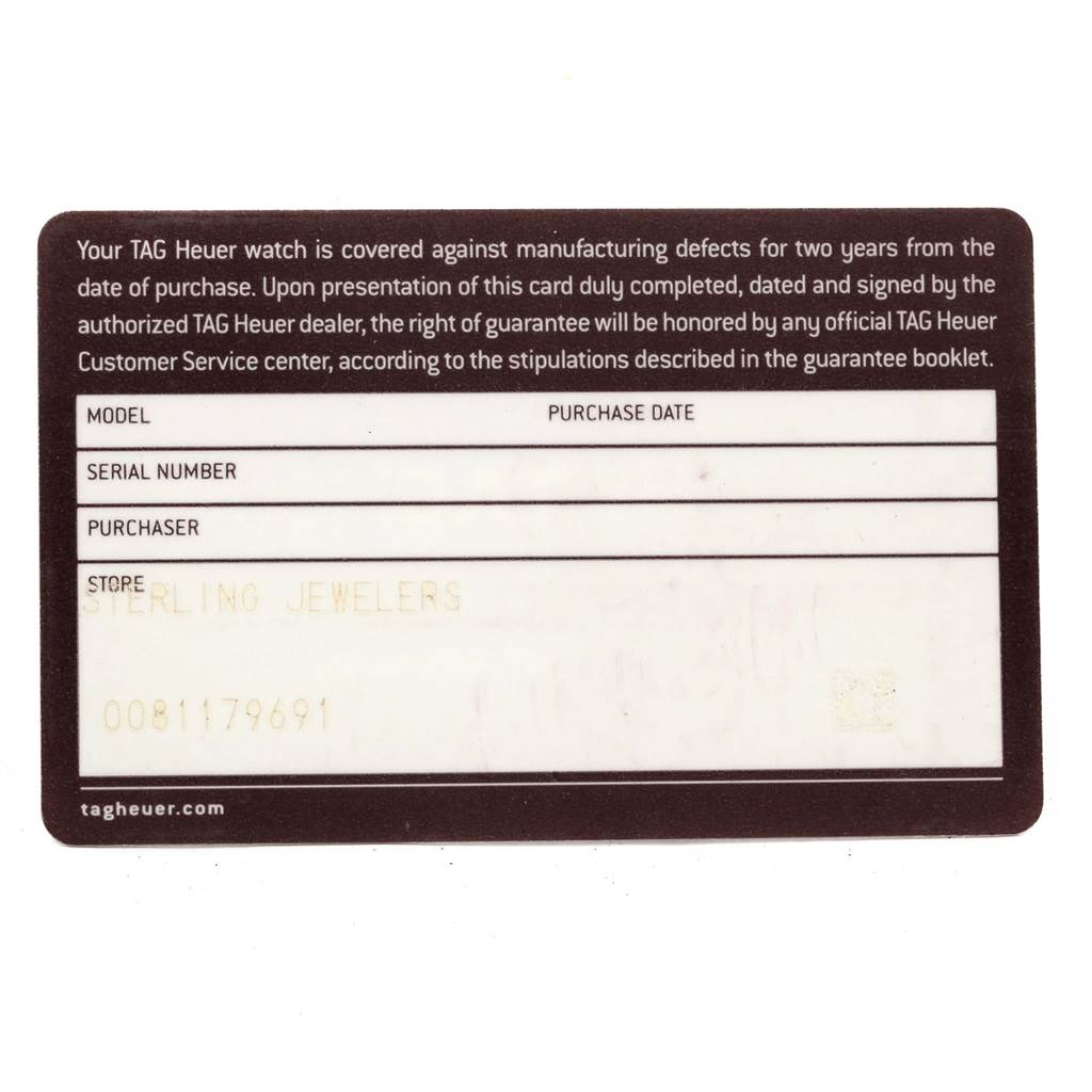 The image shows a warranty card for the Monaco model by Tag Heuer, displaying purchase information and store details.
