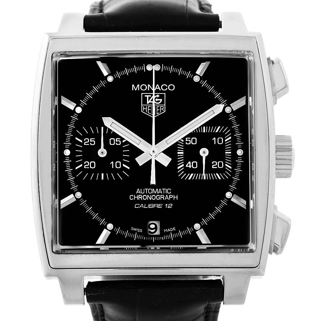 The image shows a front angle view of a Tag Heuer Monaco CAW2110 Men's Stainless Steel Black Dial CAW2110 Men's Stainless Steel Black Dial watch, showcasing its square dial, chronographs, and leather strap.