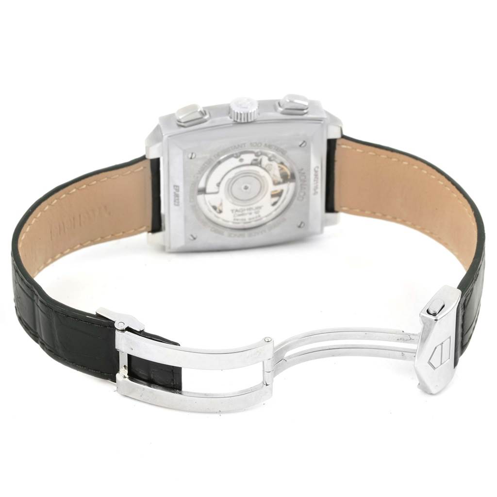 The image shows the back view of a Tag Heuer Monaco CAW2110 Men's Stainless Steel Black Dial CAW2110 Men's Stainless Steel Black Dial watch, including the leather strap and the stainless steel clasp.