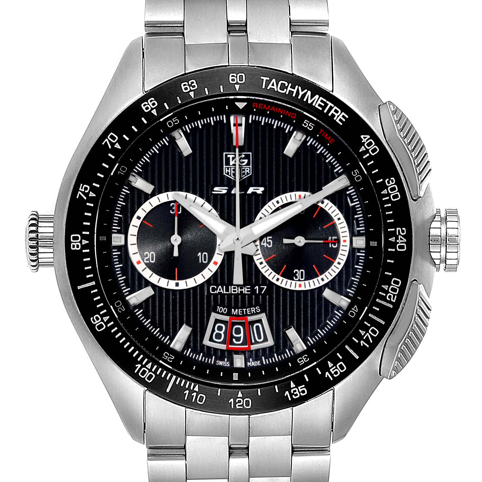 The image shows a frontal view of the Tag Heuer SLR CAG2010 Men's Stainless Steel Black Dial CAG2010 Men's Stainless Steel Black Dial model watch, including the dial, bezel, and bracelet.