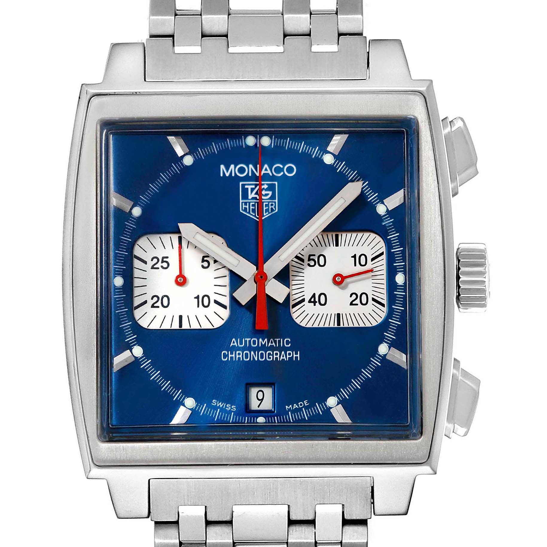 This image shows the front view of the Tag Heuer Monaco CW2113 Men's Stainless Steel Blue Dial CW2113 Men's Stainless Steel Blue Dial watch, highlighting its square dial, chronograph sub-dials, and bracelet.