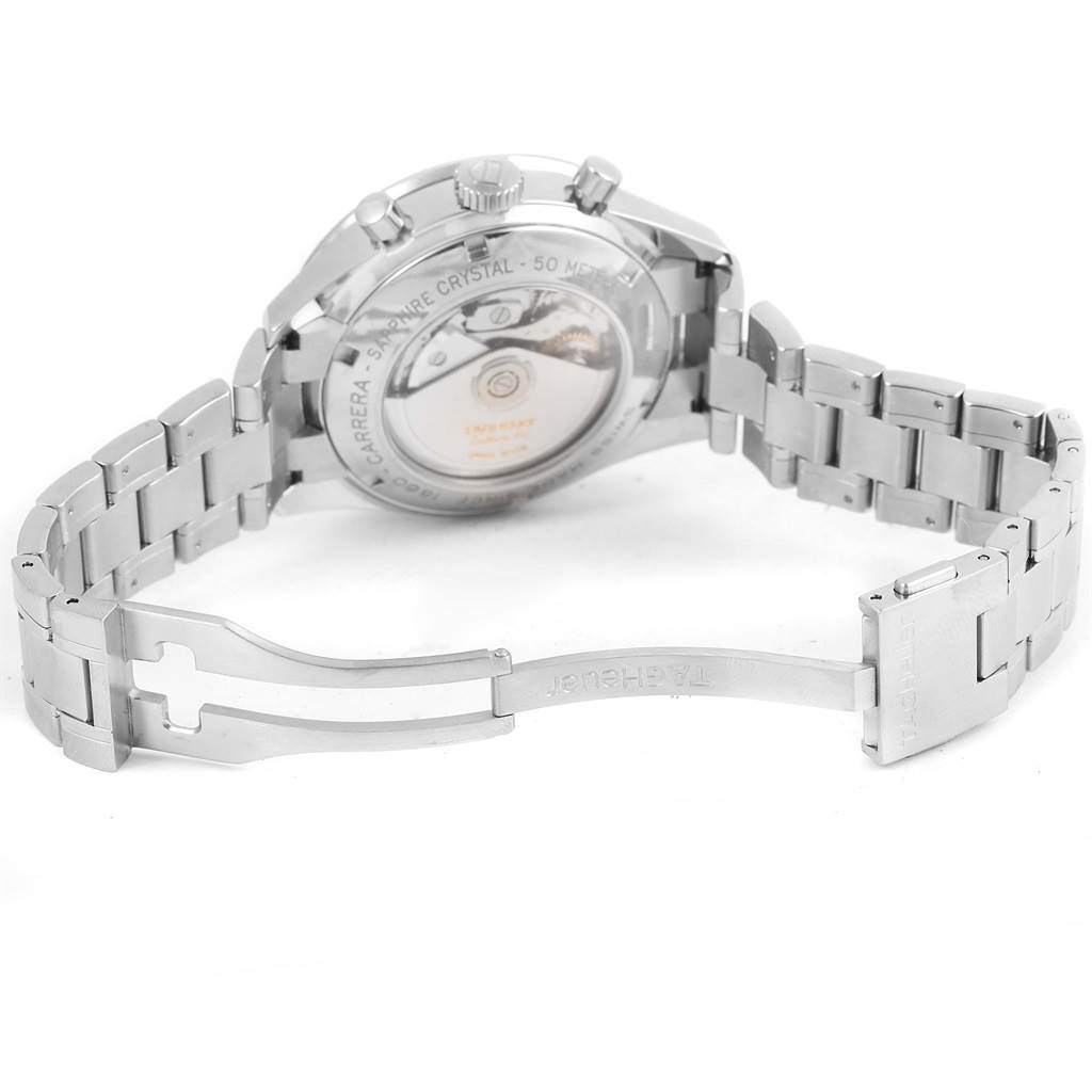 The image shows the back view and open clasp of a Tag Heuer Carrera CV2015 Men
s Stainless Steel Blue Dial CV2015 Men
s Stainless Steel Blue Dial watch, focusing on the bracelet and movement.