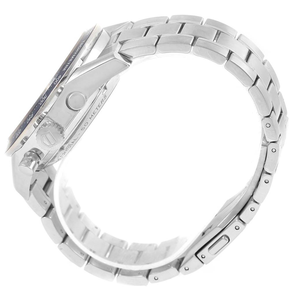 The image shows a side view of the Tag Heuer Carrera CV2015 Men
s Stainless Steel Blue Dial CV2015 Men
s Stainless Steel Blue Dial watch, highlighting its crown, bezel, and metal bracelet.