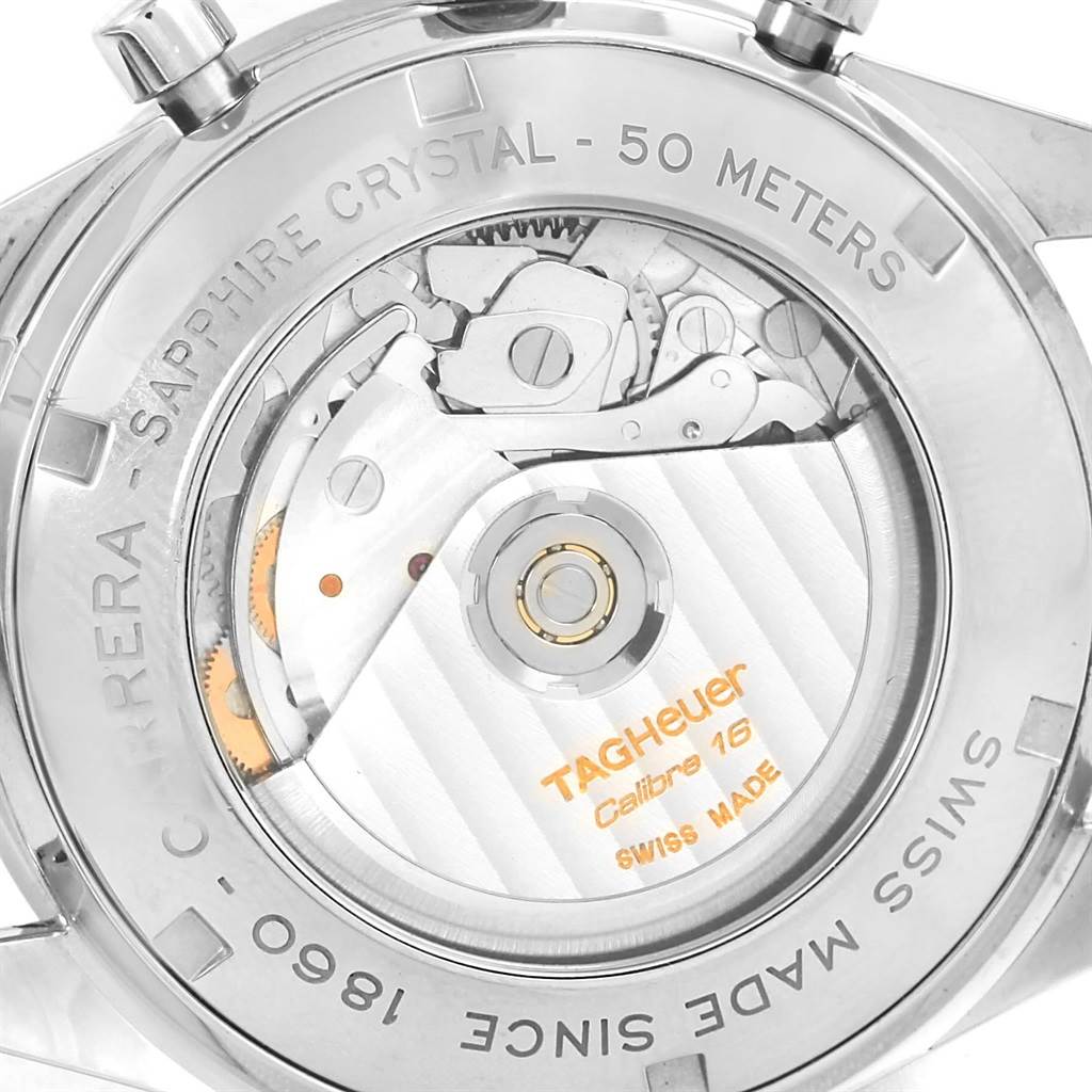 The image shows the back of the Tag Heuer Carrera CV2015 Men
s Stainless Steel Blue Dial CV2015 Men
s Stainless Steel Blue Dial watch, revealing its Calibre 16 movement through a sapphire crystal case back.