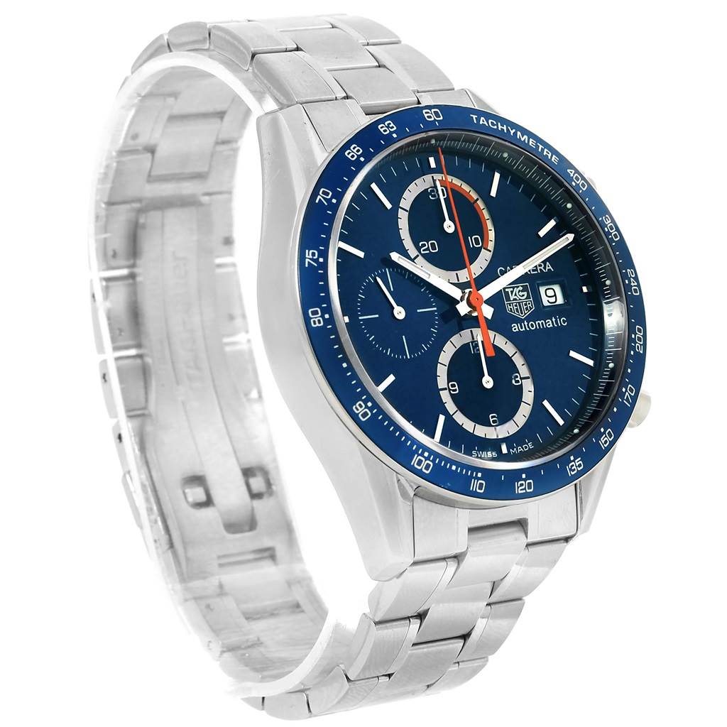 The Tag Heuer Carrera CV2015 Men
s Stainless Steel Blue Dial CV2015 Men
s Stainless Steel Blue Dial watch is shown at a slight side angle, displaying its blue dial, tachymeter bezel, and stainless steel bracelet.