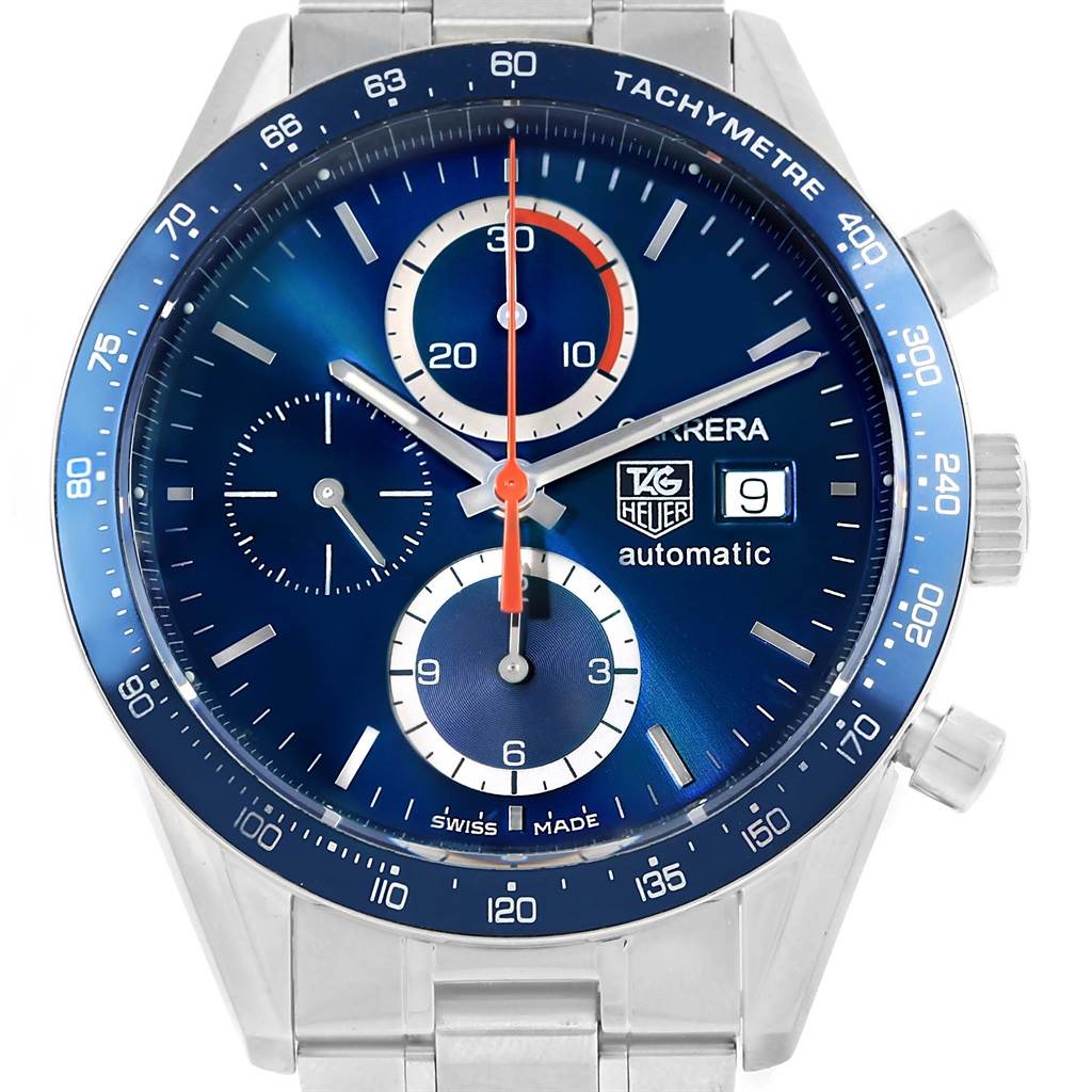 The image shows the front of a Tag Heuer Carrera CV2015 Men
s Stainless Steel Blue Dial CV2015 Men
s Stainless Steel Blue Dial watch, highlighting the dial, subdials, date window, and tachymeter bezel.