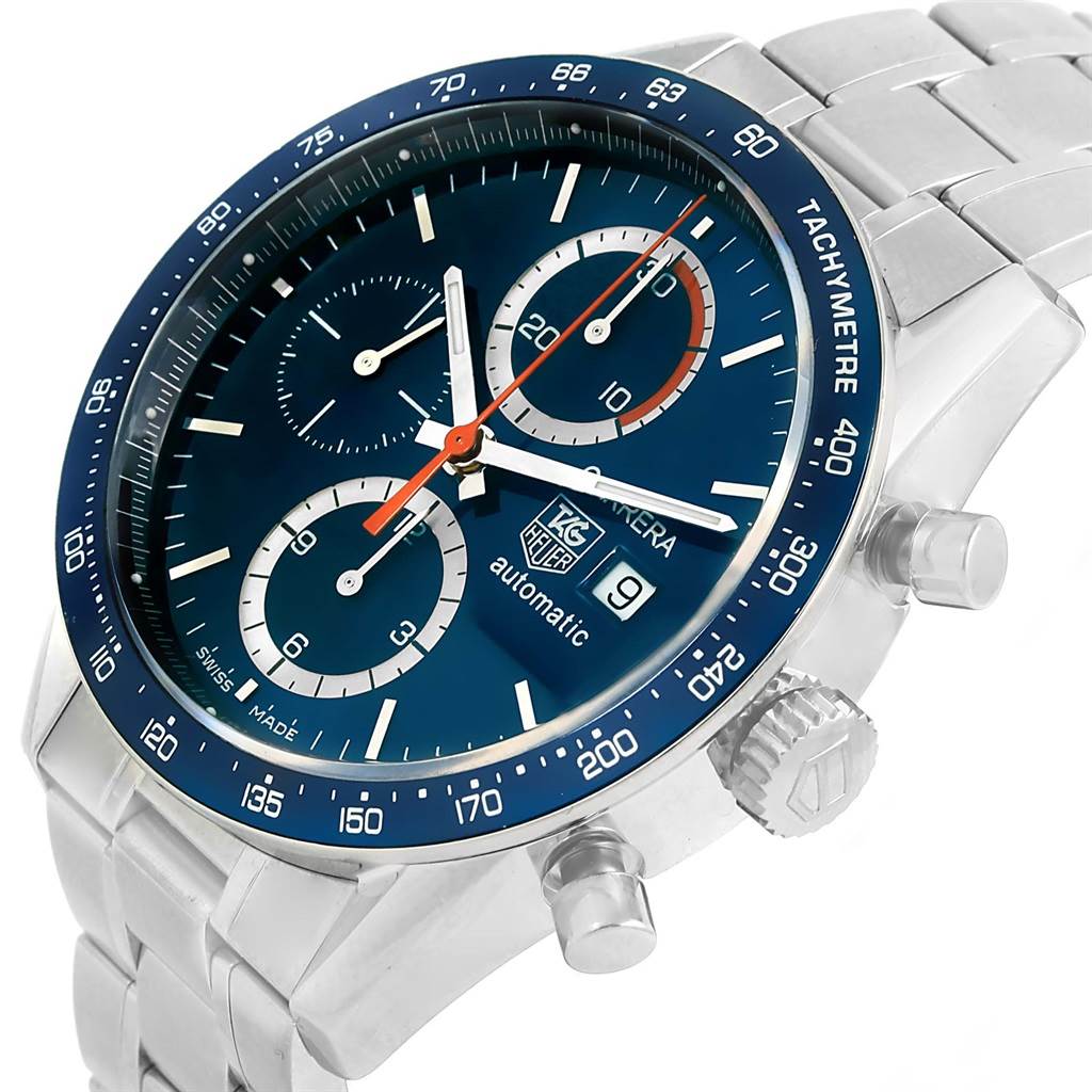 The Tag Heuer Carrera CV2015 Men
s Stainless Steel Blue Dial CV2015 Men
s Stainless Steel Blue Dial watch is shown from an angled view, displaying its dial, bezel, case, and part of its bracelet.