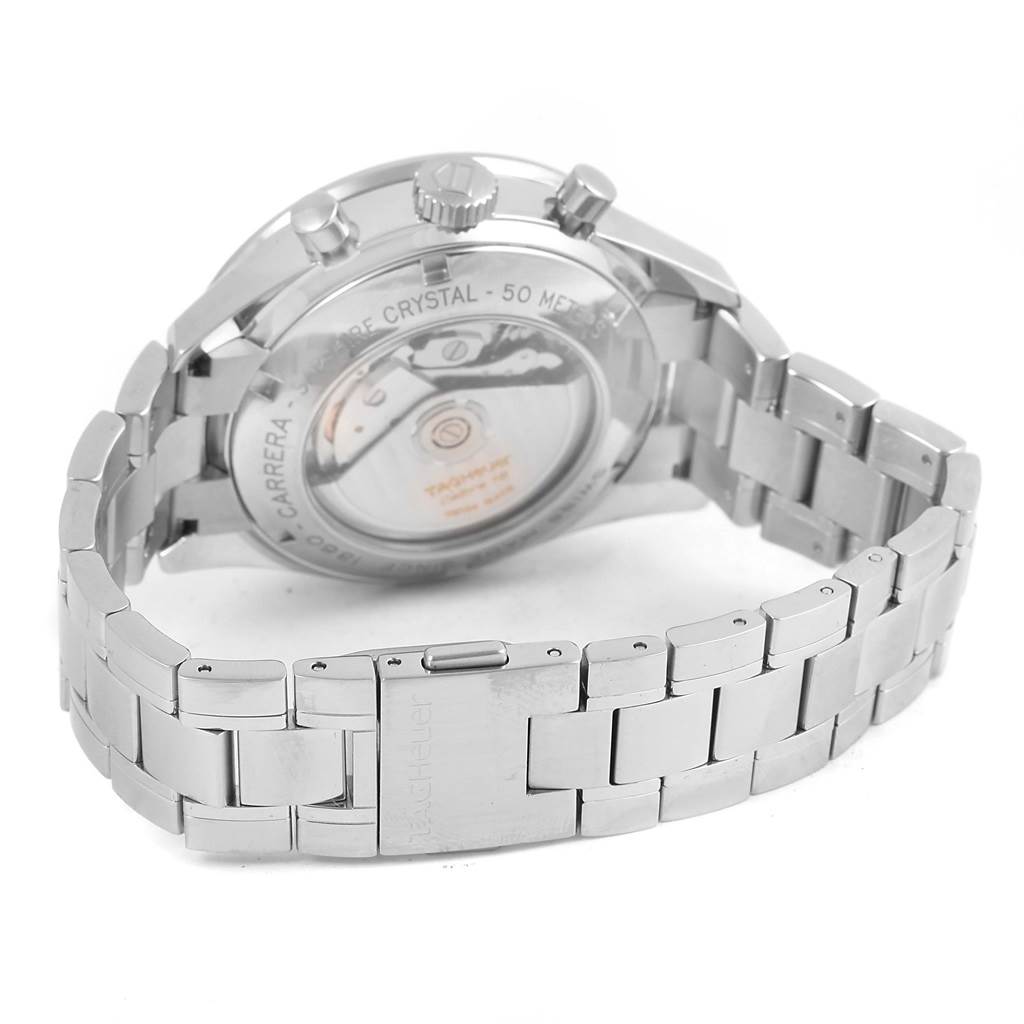 The image shows the back view of a Tag Heuer Carrera CV2015 Men
s Stainless Steel Blue Dial CV2015 Men
s Stainless Steel Blue Dial watch, highlighting the stainless steel bracelet and case back.