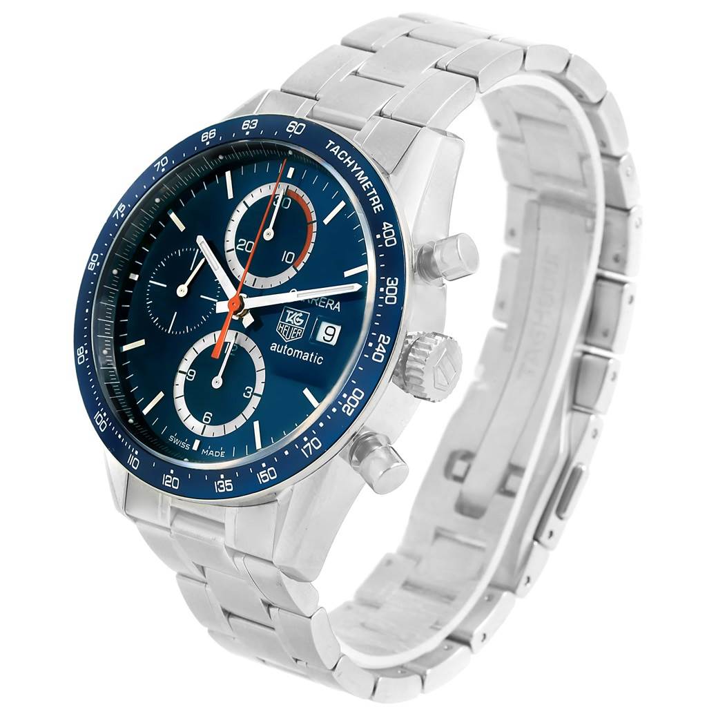 The image shows a Tag Heuer Carrera CV2015 Men
s Stainless Steel Blue Dial CV2015 Men
s Stainless Steel Blue Dial watch at a front angle, highlighting the dial, bezel, crown, pushers, and bracelet.