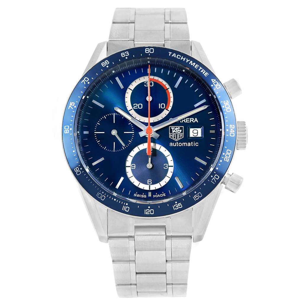 The image shows a frontal view of a Tag Heuer Carrera CV2015 Men
s Stainless Steel Blue Dial CV2015 Men
s Stainless Steel Blue Dial watch, displaying the face, bezel, and part of the bracelet.