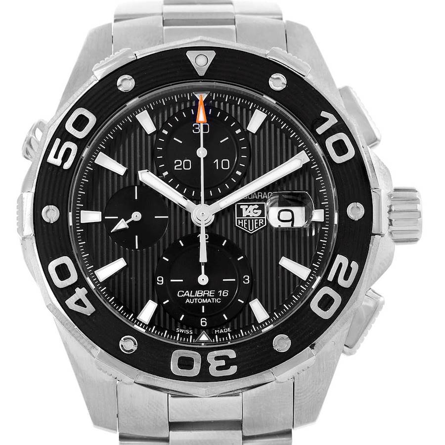 The Tag Heuer Aquaracer watch is shown from the front, displaying its face, bezel, and part of the bracelet.