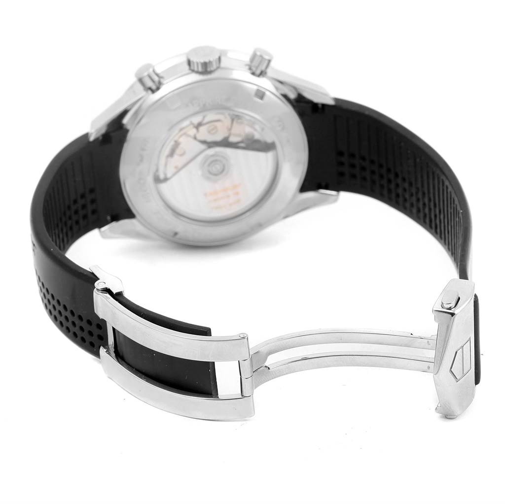 The image shows the back case and black rubber strap with deployant clasp of a Tag Heuer Carrera CV2014 Men's Stainless Steel Black Dial CV2014 Men's Stainless Steel Black Dial watch.