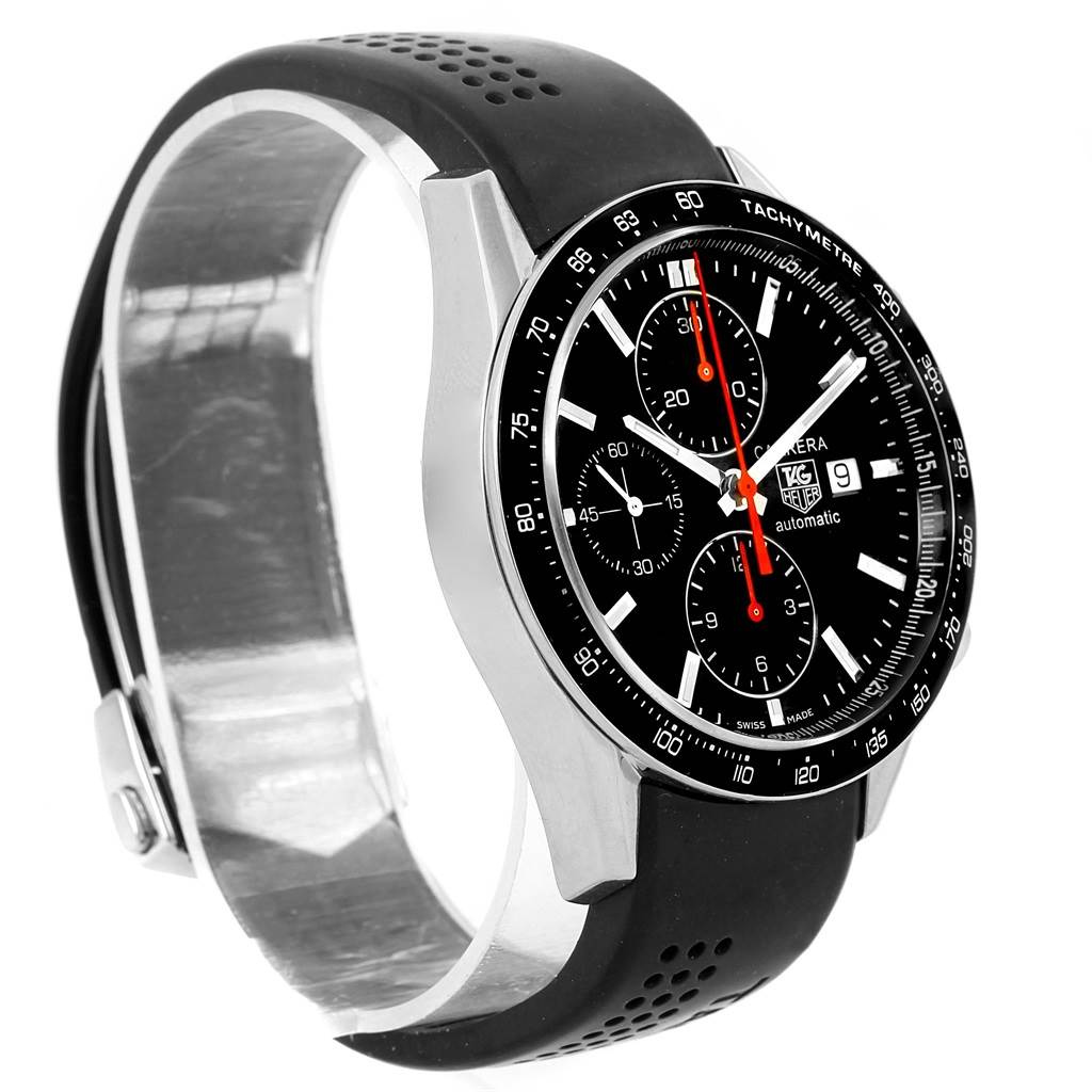 The image shows a Tag Heuer Carrera CV2014 Men's Stainless Steel Black Dial CV2014 Men's Stainless Steel Black Dial model watch at a slight angle, highlighting its black dial, tachymeter bezel, and black strap.