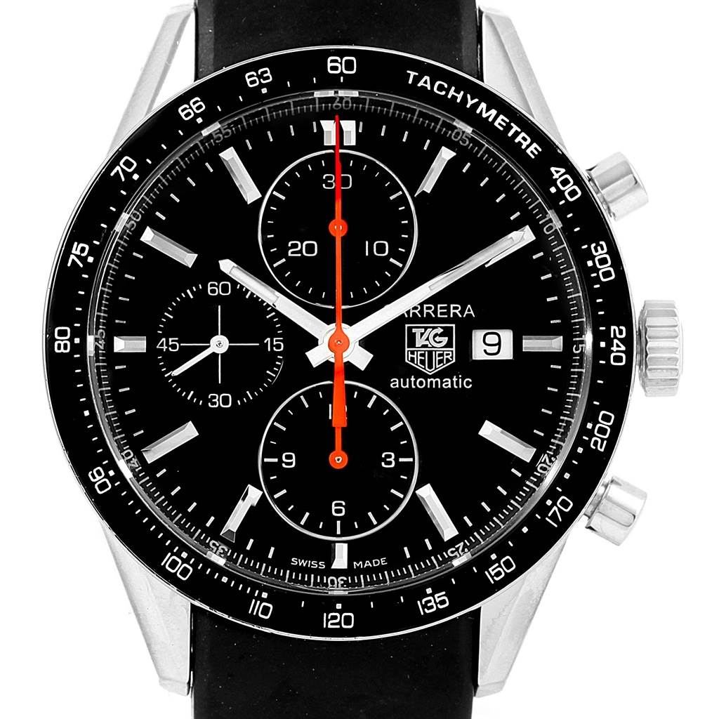The image shows a front view of a Tag Heuer Carrera CV2014 Men's Stainless Steel Black Dial CV2014 Men's Stainless Steel Black Dial watch with a black dial, tachymeter bezel, and black strap.